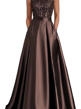 Elegant Chocolate Brown Satin Maxi Dress with Sequin Bodice